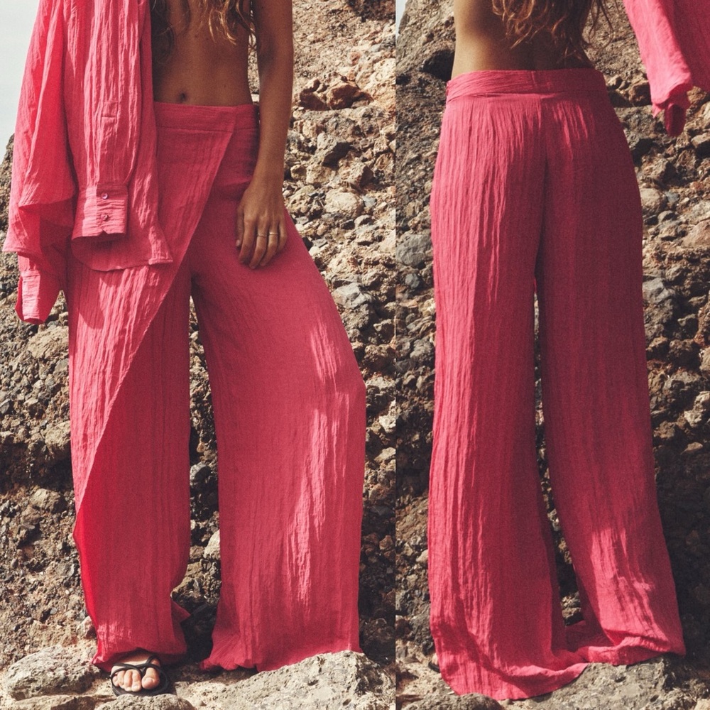 Zara WRINKLED EFFECT Satin HIGH WAIST WRAP PANTS Wide Leg Pink Size S NEW
